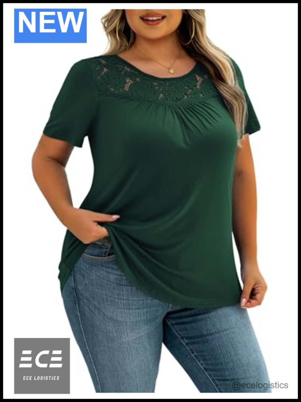 Plus Size Lace Tunic Top Short Sleeve Scoop Neck Pleated Blouse